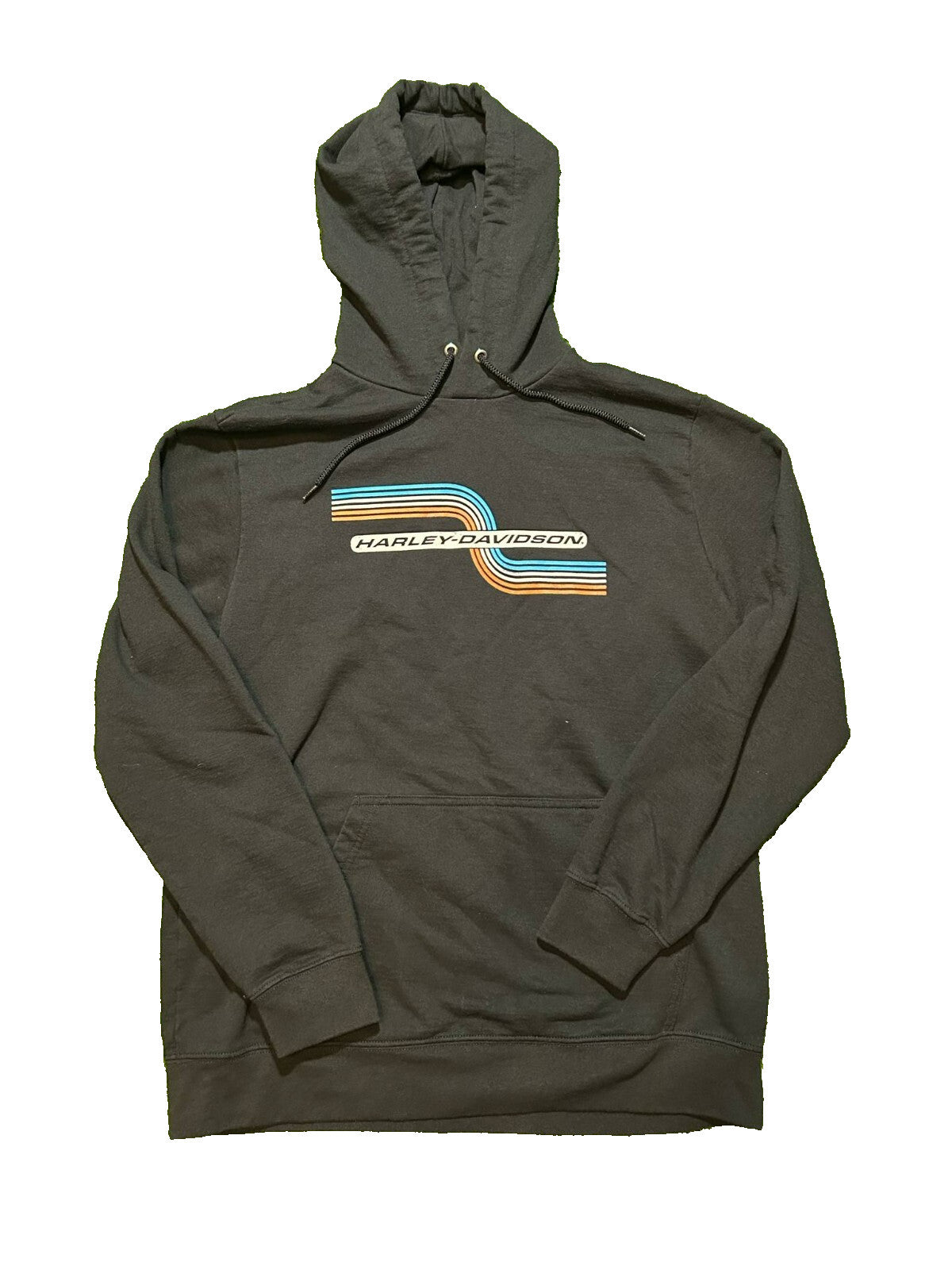 Harley-Davidson Hoodie Black Retro Stripe Logo Pullover Size M - Bargain Haven