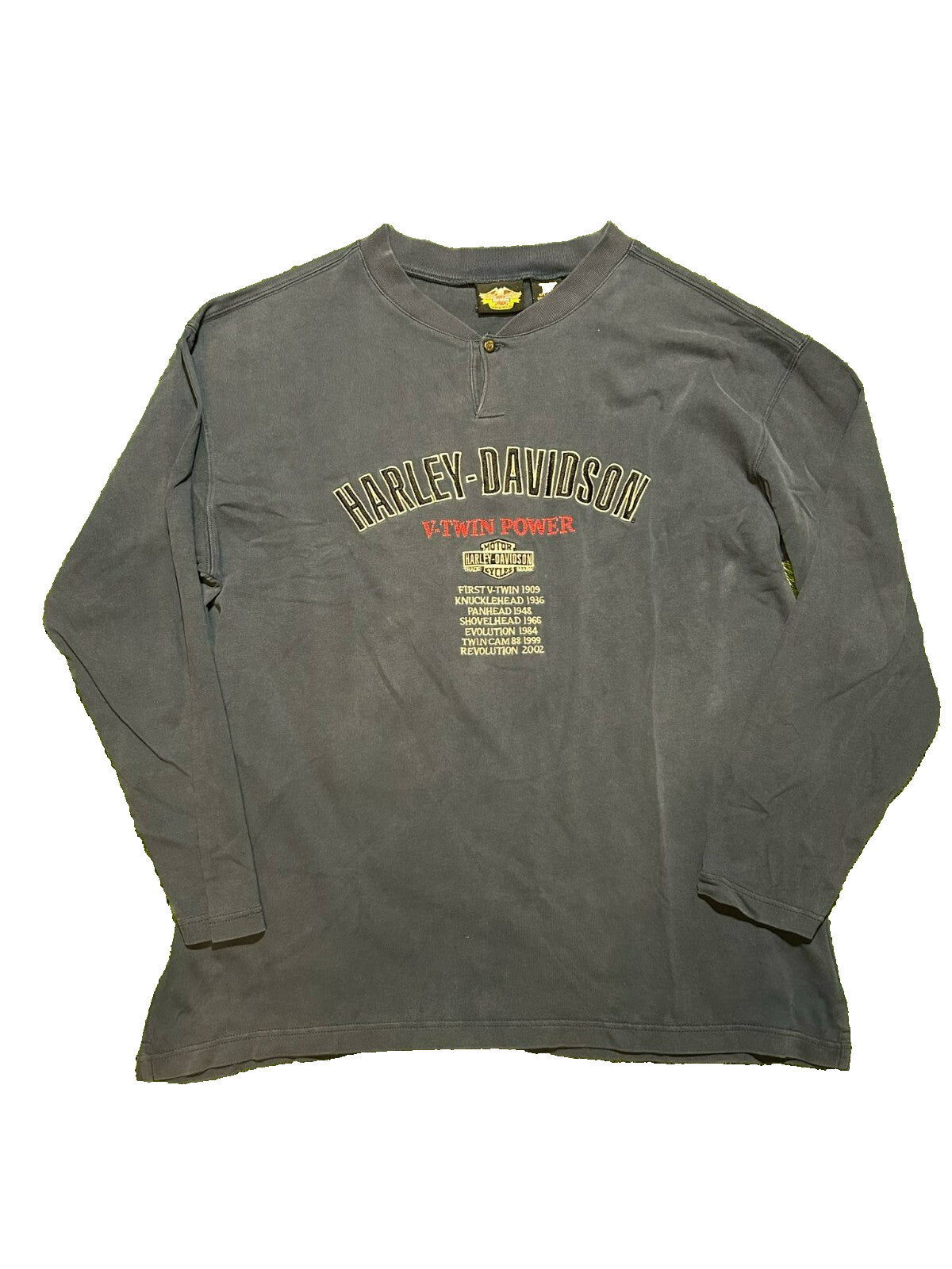 Harley-Davidson Long Sleeve Henley Shirt V-Twin Power Timeline Graphic Size XXL - Bargain Haven