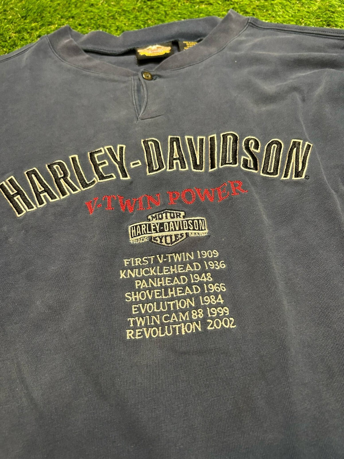 Harley-Davidson Long Sleeve Henley Shirt V-Twin Power Timeline Graphic Size XXL - Bargain Haven
