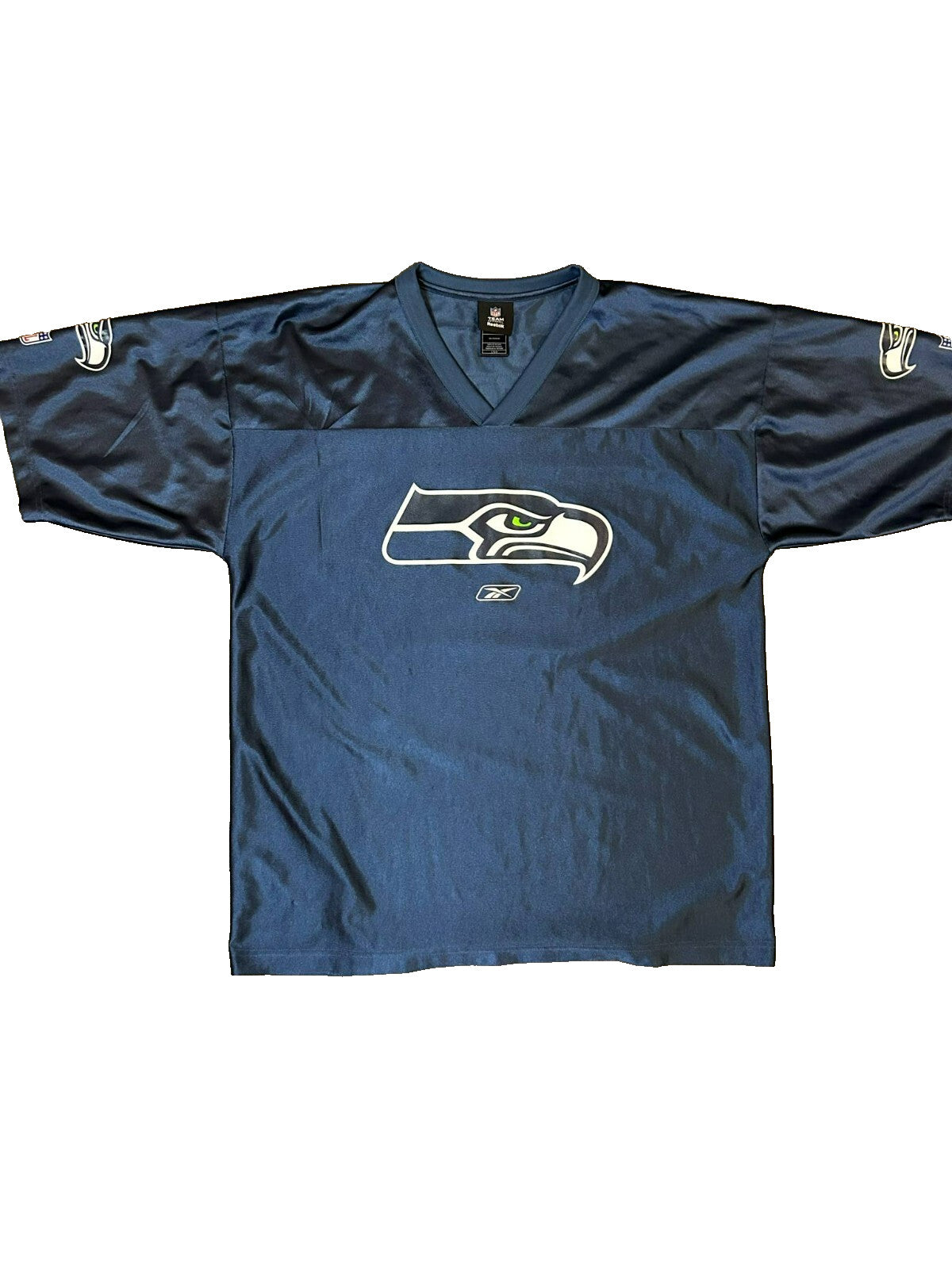 Seattle Seahawks NFL Reebok Team Apparel Jersey Size L – Blue Polyester V-Neck - Bargain Haven