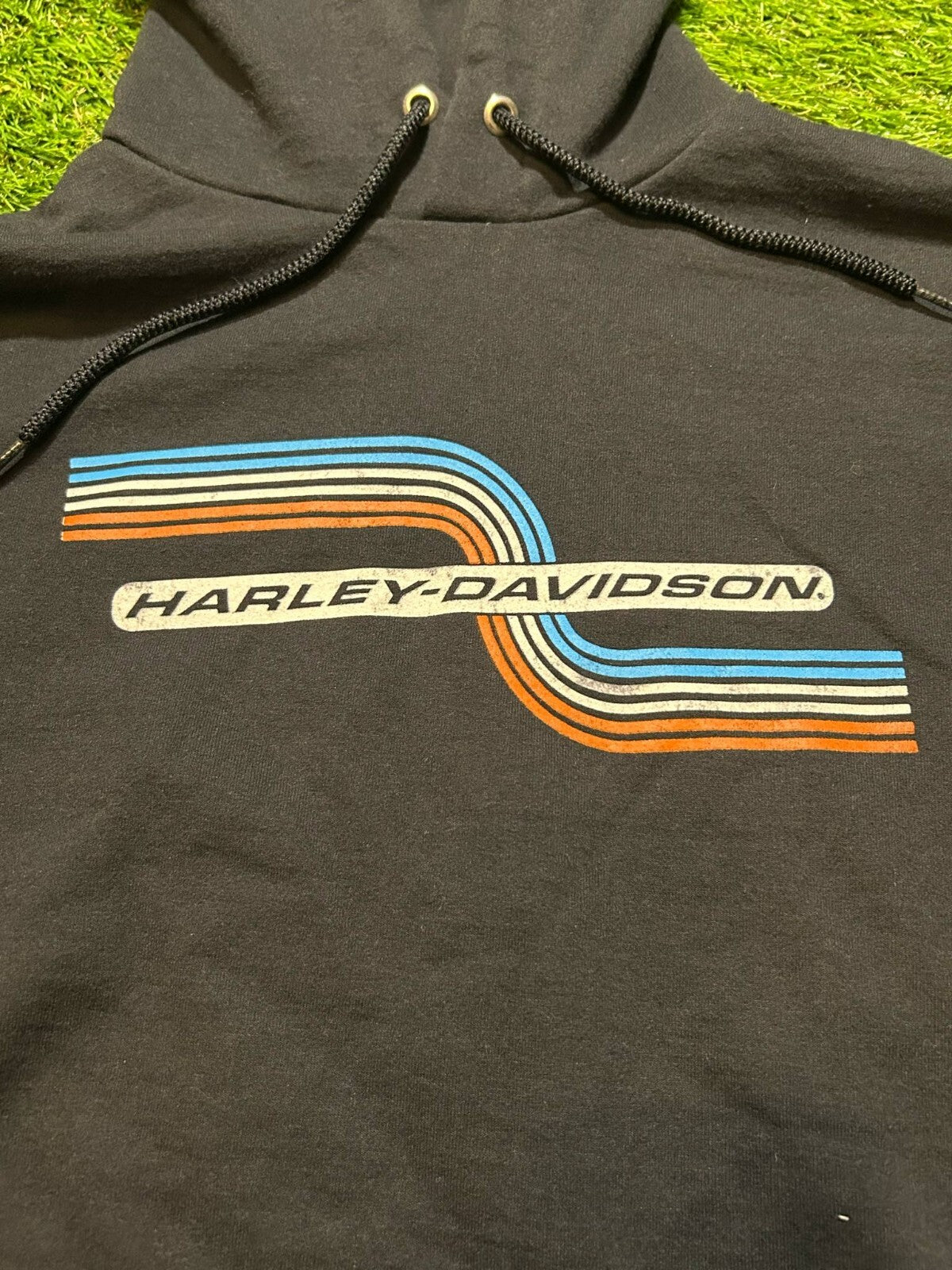 Harley-Davidson Hoodie Black Retro Stripe Logo Pullover Size M - Bargain Haven