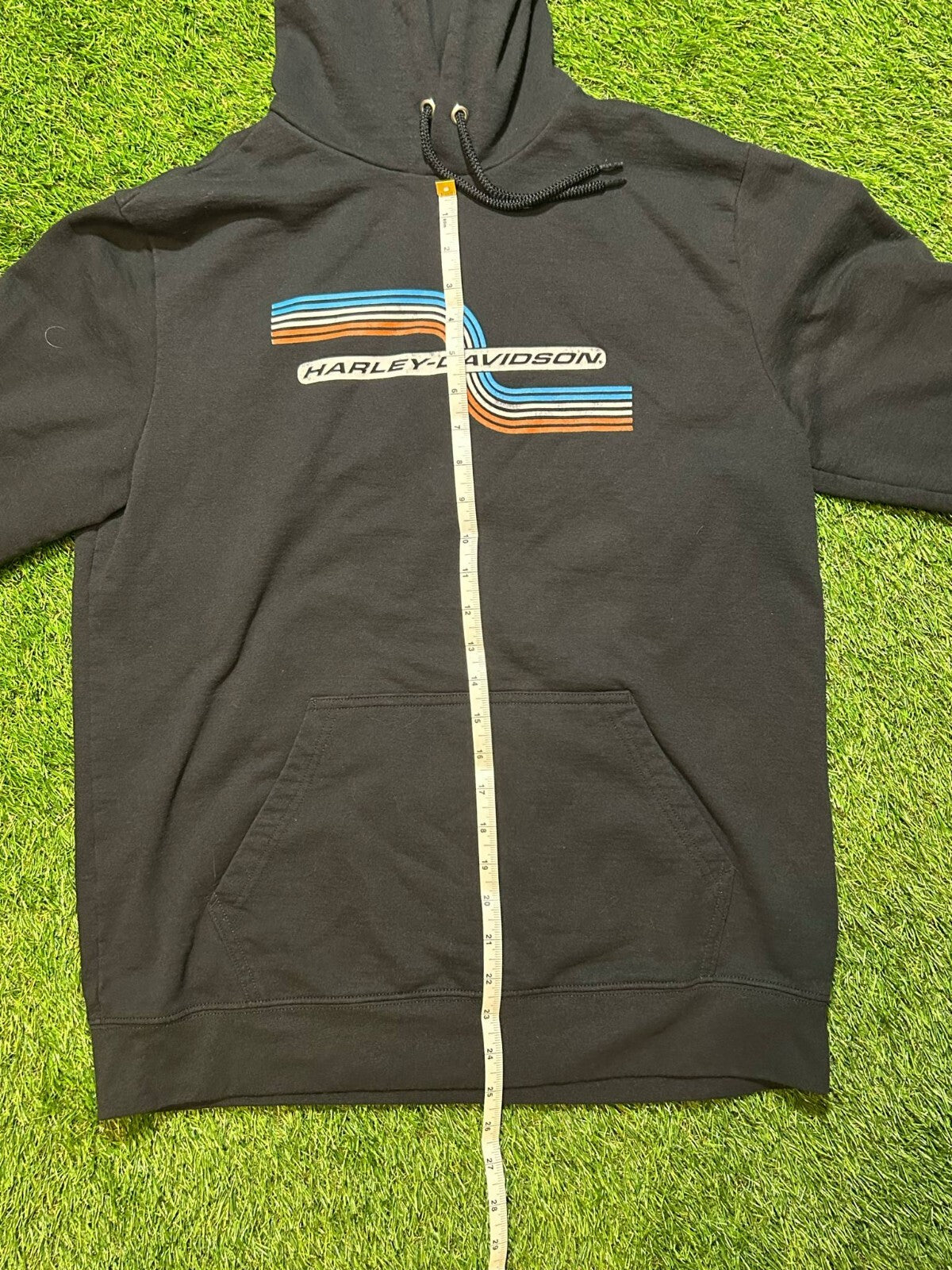 Harley-Davidson Hoodie Black Retro Stripe Logo Pullover Size M - Bargain Haven
